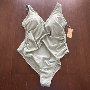 Kona Sol One Piece Swimsuit 18W Sage Green High Leg‎ Over Shoulder Ruched Sides